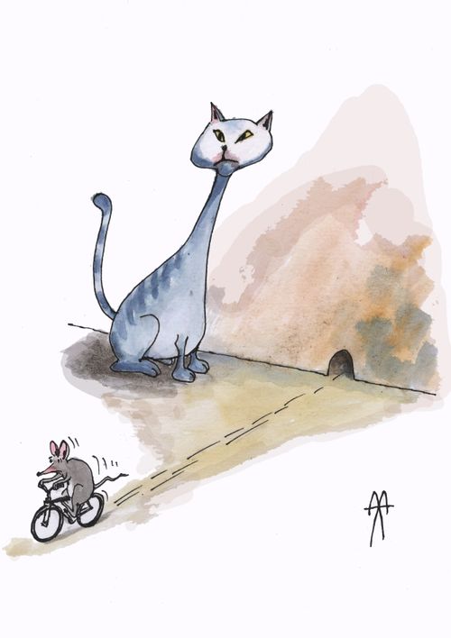 Mouse escaping a cat.