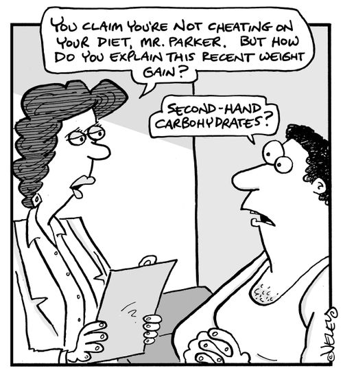 "You claim you're not cheating on your diet, Mr. Parker. But how do you explain this recent weight gain?"