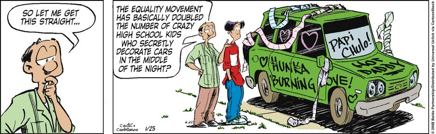 "So let me get this straight...the equality movement has basically doubled the number of crazy high school kids who secretly decorate cars in the middle of the night?"
