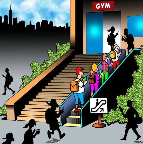 People ride an escalator to the gym.