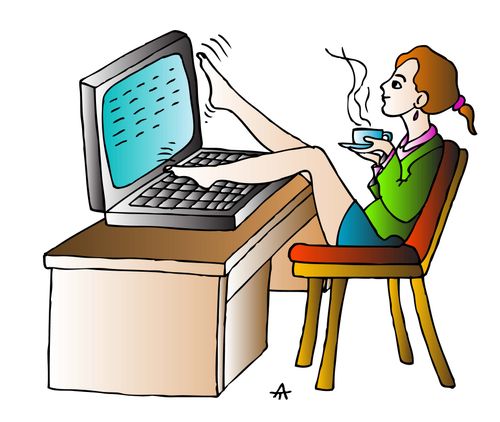 A woman types with her feet while drinking tea.
