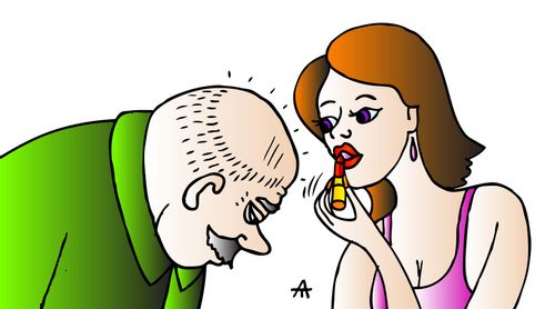A woman uses the reflection of a man's bald head to put on lipstick.