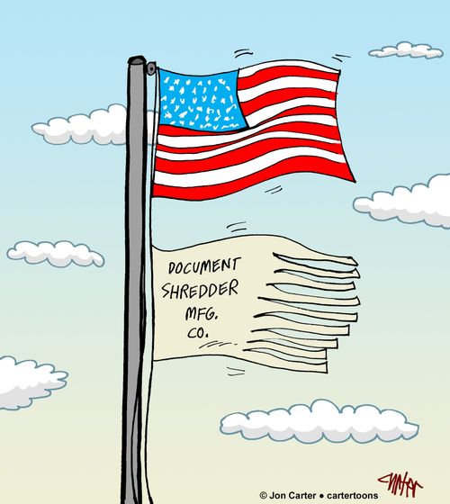 American flag flies above a shredded flag of the Document Shredder MFG. Co.
