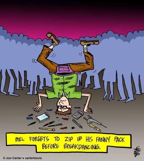 Mel forgets to zip up his fanny pack before breakdancing.