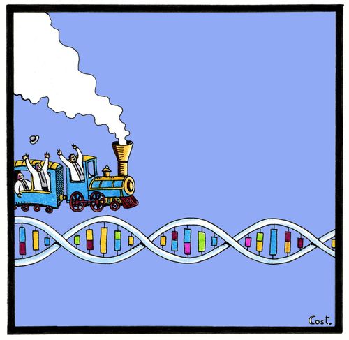 Passengers ride a DNA strand as train track.