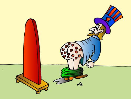 Uncle Sam admires lipstick marks on his butt.