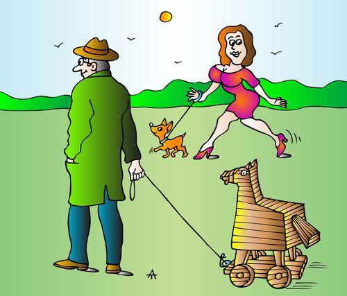 A man walks a trojan horse in a dog park.