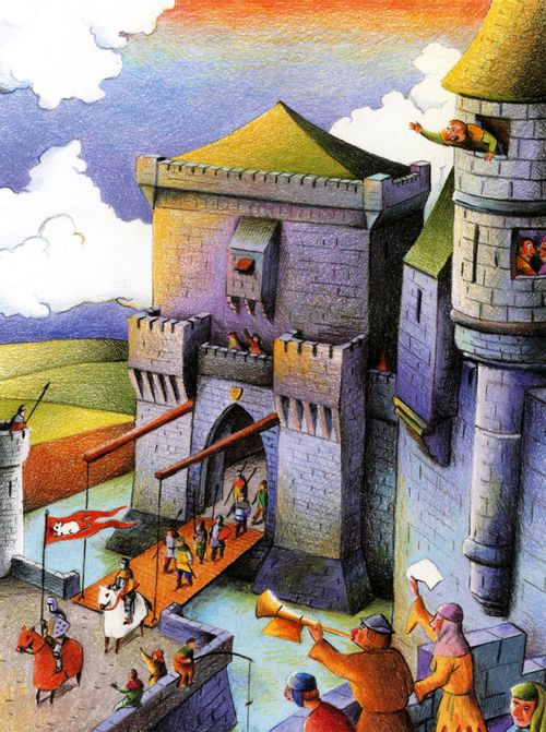 Knights ride out of a castle.