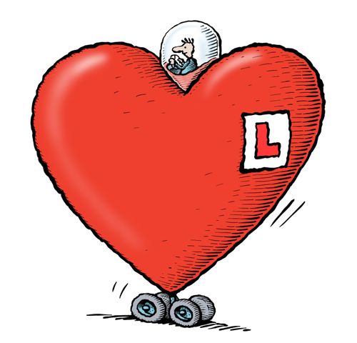 A learner driver in a heart-shaped car