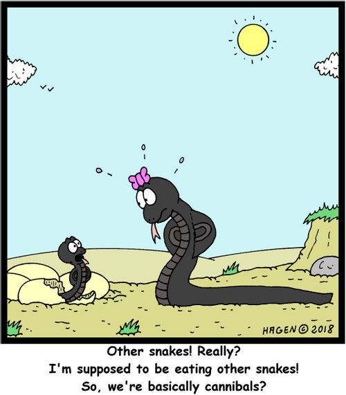 "Other snakes! Really? I'm supposed to be eating other snakes! So, we're basically cannibals?"