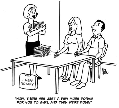 "Now, there are just a few more forms for you to sign, and then we're done!"