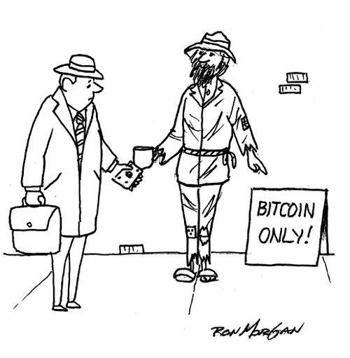 Street beggar as a sign stating: Bitcoin only!