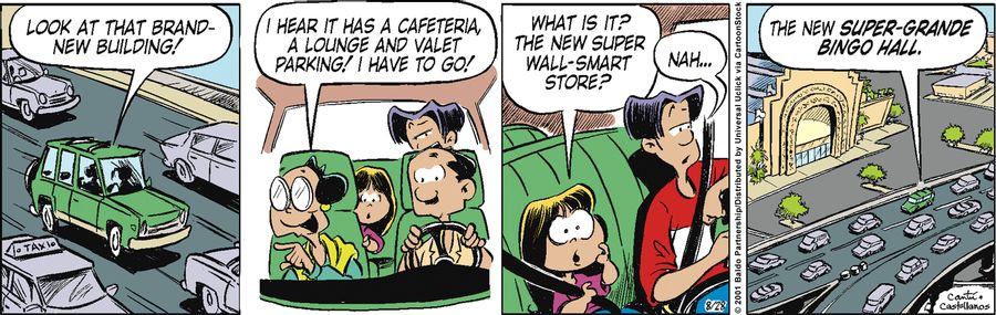 "Look at that brand-new building! I hear it has a cafeteria, a lounge and valet parking! I have to go!"