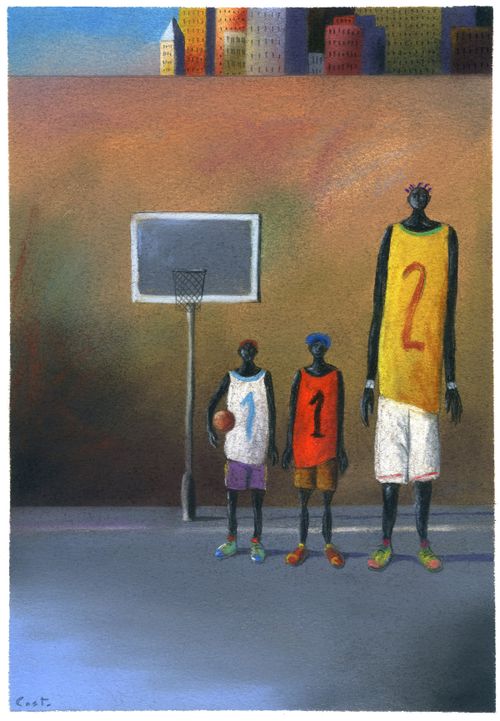 Two smaller basketball players make one tall player.