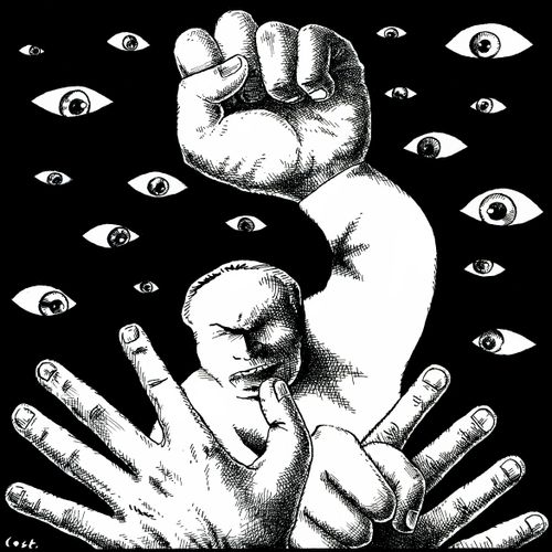 Eyes watch a fight.