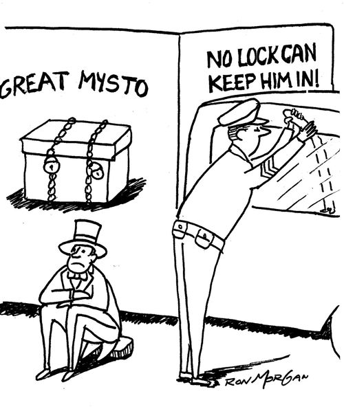Magician, who is able to escape locked trunks, waits while a police officer tries to open his truck's door.