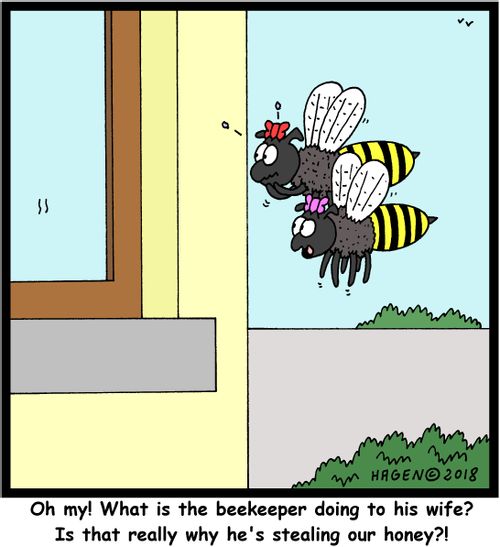 "Oh my! What is the beekeeper doing to his wife? Is that really why he's stealing our honey?!"