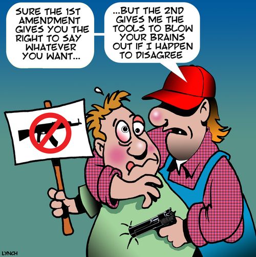 "Sure the 1st amendment gives you the right to say whatever you want...but the 2nd gives me the tools to blow your brains out if I happen to disagree."