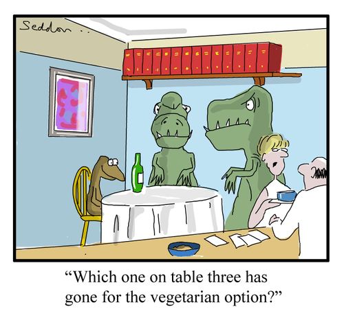 "Which one on table three has gone for the vegetarian option?"