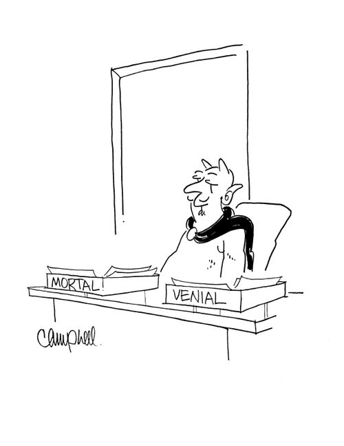 Satan's desk boxes say mortal and venial.