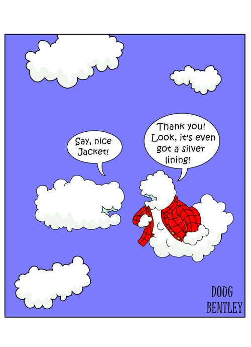Two clouds meet, one wearing a jacket with a silver lining.