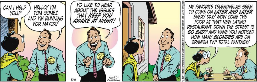 "Hello! I'm Tom Gomez and I'm running for mayor! I'd like to hear about the issues that keep you awake at night!"
