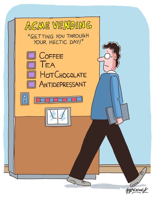 AcmeVending 'Getting you through the hectic day!': Coffee, Tea, Hot Chocolate, Antidepressant.