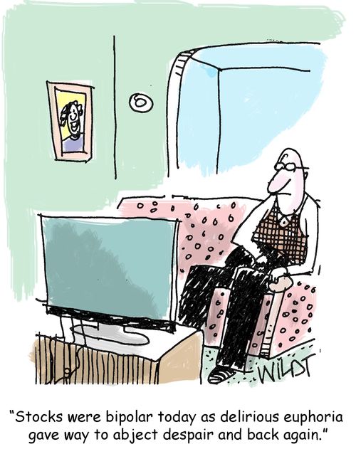 "Stocks were bipolar today as delirious euphoria gave way to abject despair and back again."