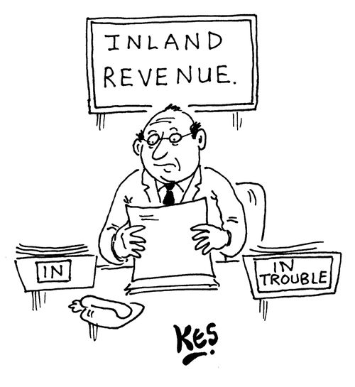 Taxman sits near work boxes: In/ In trouble.