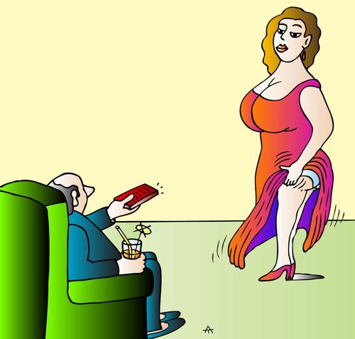 Woman does a strip tease on a remote control.