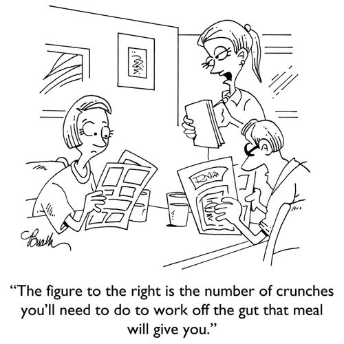 "The figure to the right is the number of crunches you'll need to do to work off the gut that meal will give you."