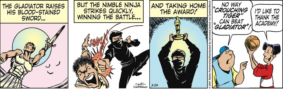 The gladiator raises his blood-stained sword...but the nimble ninja strikes quickly, winning the battle...and taking home the award!"