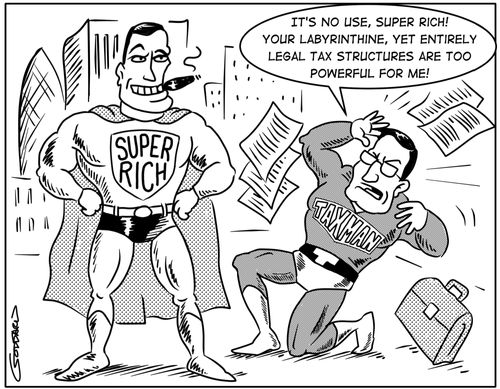 "It's no use, Super Rich! Your labyrinthine, yet entirely legal tax structures are too powerful for me!"