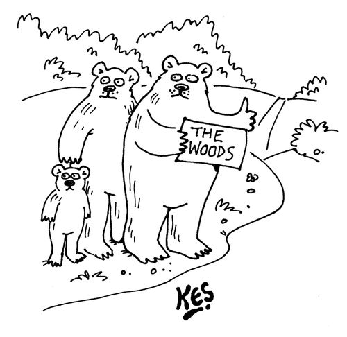 The three bears hitchhike holding sign: 'The woods'.