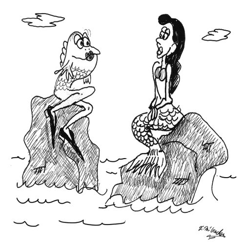 In the ocean a mermaid sits on a rock looking at a creature with a fish's head and a woman's legs.