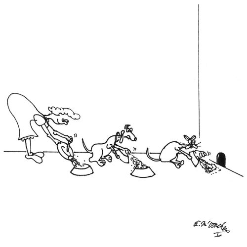 A woman scrapes food from her bowl into her dog's bowl as the dog scrapes his food into the cat's bowl as the cat scrapes it into a mouse's hole.