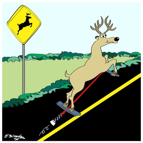 In front of a jumping silhouette of a deer crossing a road, a deer jumps across a road on a pogo stick.