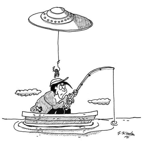 Above a fisherman a flying saucer hovers dangling a worm on a hook.