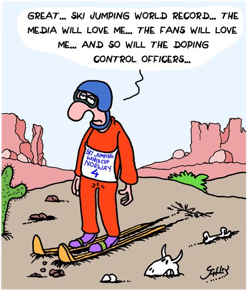 "Great...ski jumping world record...the media will love me...the fans will love me...and so will the doping control officers..."