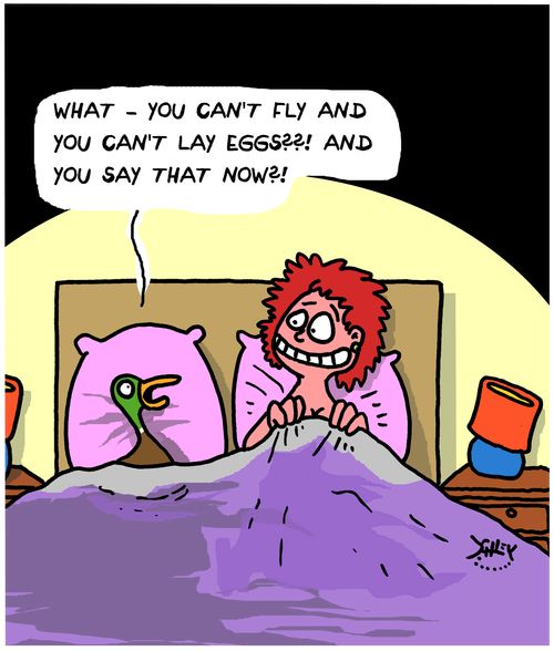 "What - you can't fly and you can't lay eggs??! And you say that now?!"