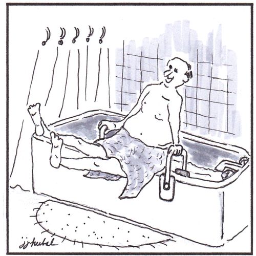 Older man swinging out of bathtub on safety grab bars.