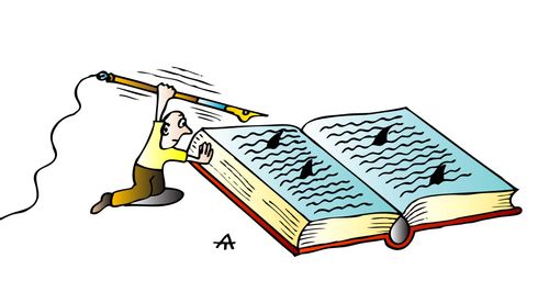 Man spear fishing in book