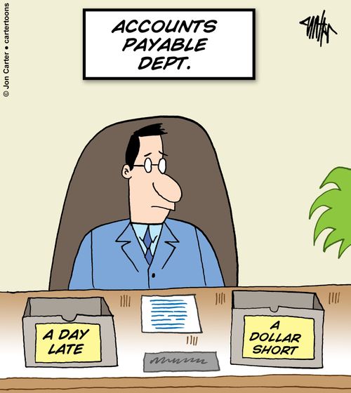 Accounts payable desk has trays marked 'A day late' and 'A dollar short'