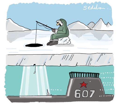 Eskimo fishing over a submarine