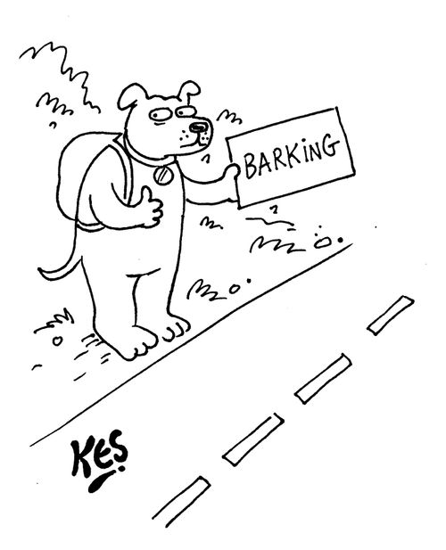 A hitchhiking dog holds sign; Barking.