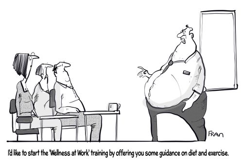 "I'd like to start the 'Wellness at Work' training by offering you some guidance on diet and exercise."