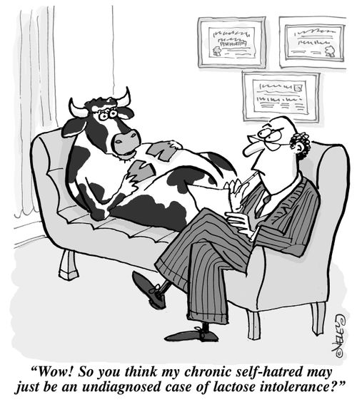 "Wow! So you think my chronic self-hatred may just be an undiagnosed case of lactose intolerance?"