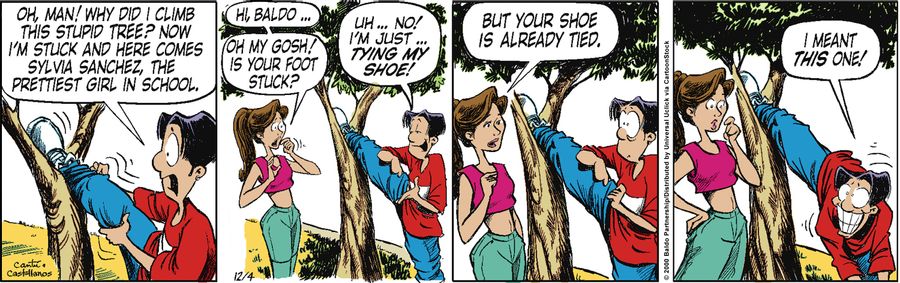 "Oh, man! Why did I climb this stupid tree? Now I'm stuck and here comes Sylvia Sanchez, the prettiest girl in school."
