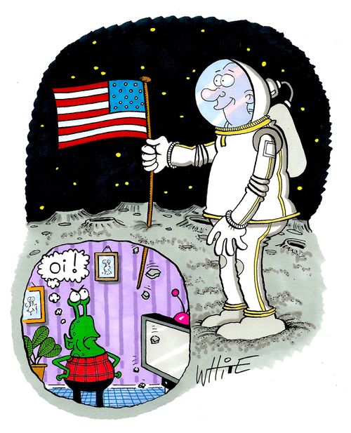 Astronaut plants flag in alien's ceiling.