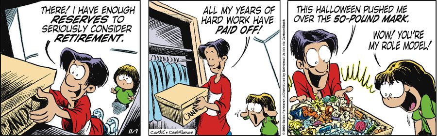 "There! I have enough reserves to seriously consider retirement. All my years of hard work have paid off! This Halloween pushed me over the 50-pound mark."